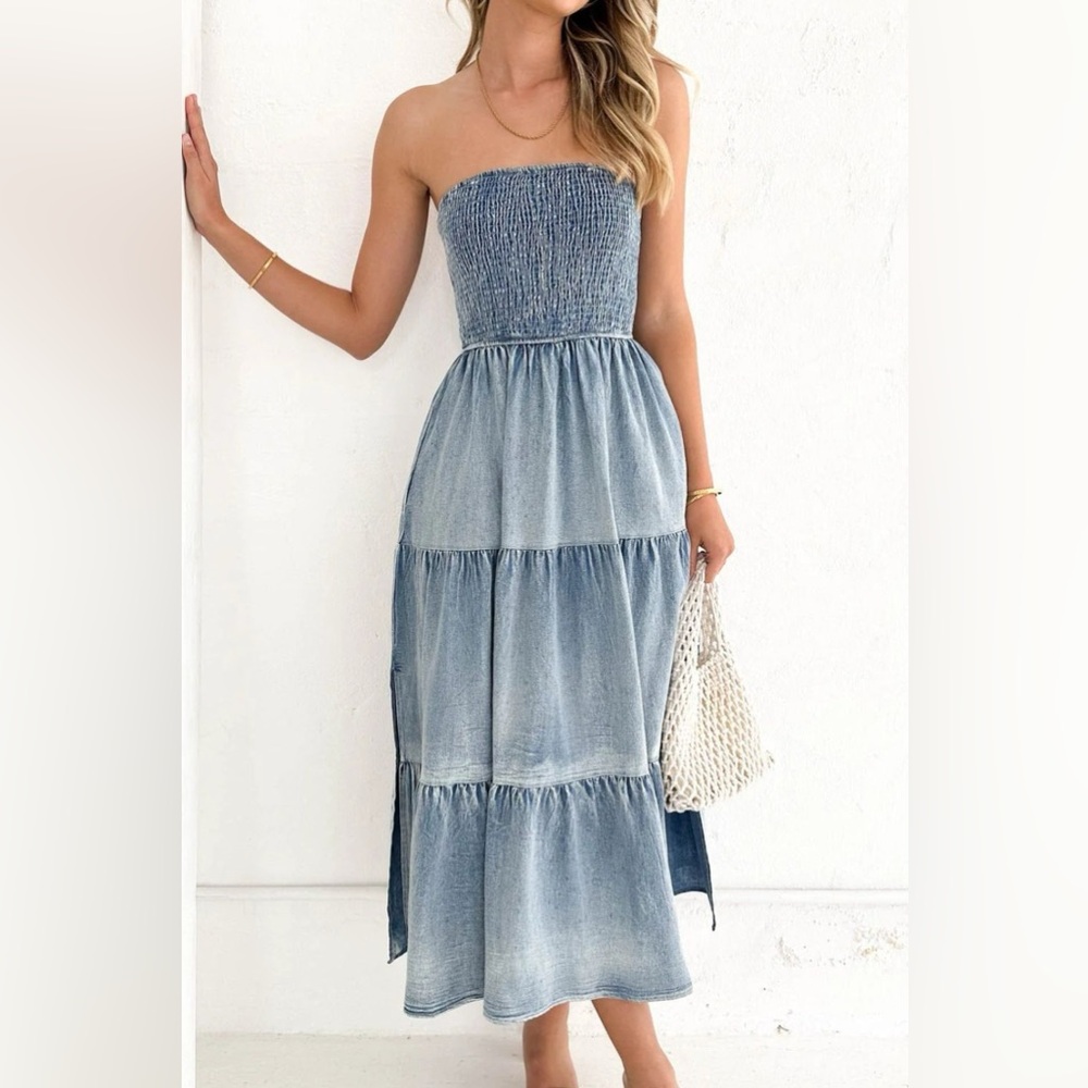 RISEN Smocked Tube Slit Tiered Elegant Blue Jean Strapless Midi Dress - Picture 6 of 8